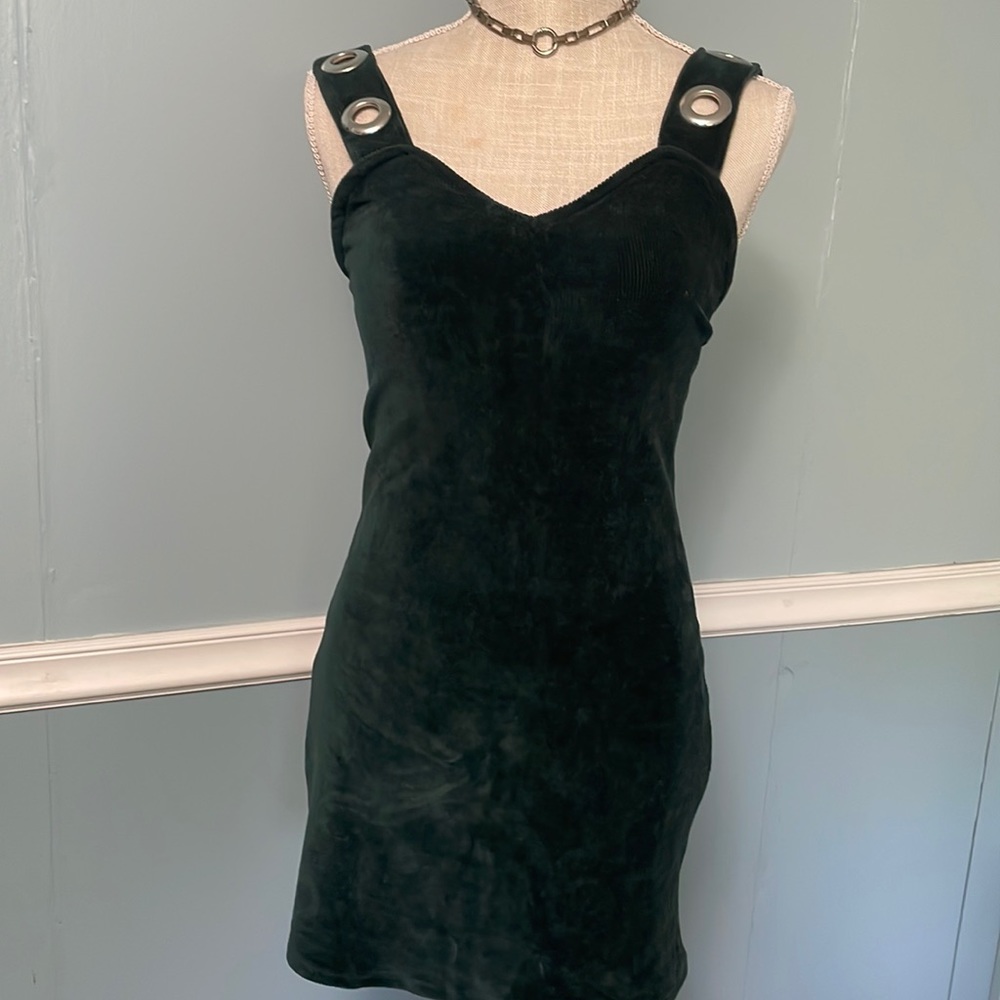 Size XS-S, faux velvet, forest green bodycon club dress with metal accessories